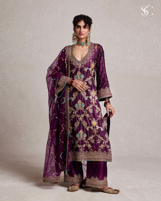 Wine Color Pure Chinon Silk With Heavy Embroidery Work Palazzo Suit Set