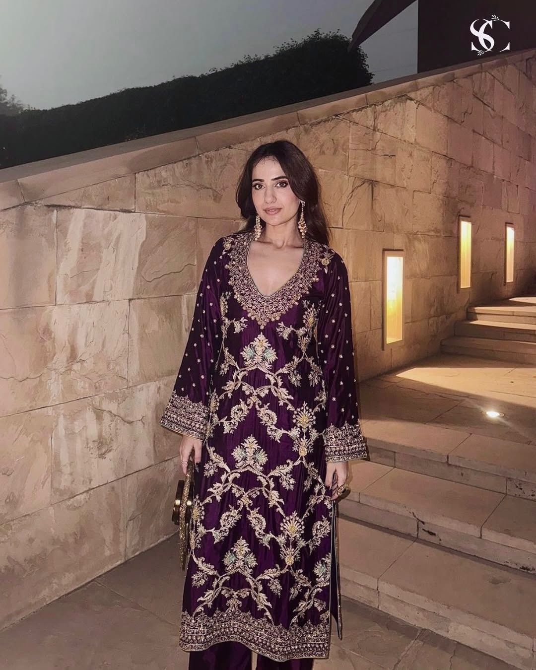 Wine Color Pure Chinon Silk With Heavy Embroidery Work Palazzo Suit Set