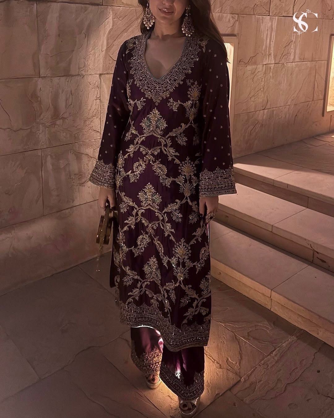 Wine Color Pure Chinon Silk With Heavy Embroidery Work Palazzo Suit Set