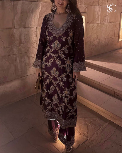 Wine Color Pure Chinon Silk With Heavy Embroidery Work Palazzo Suit Set