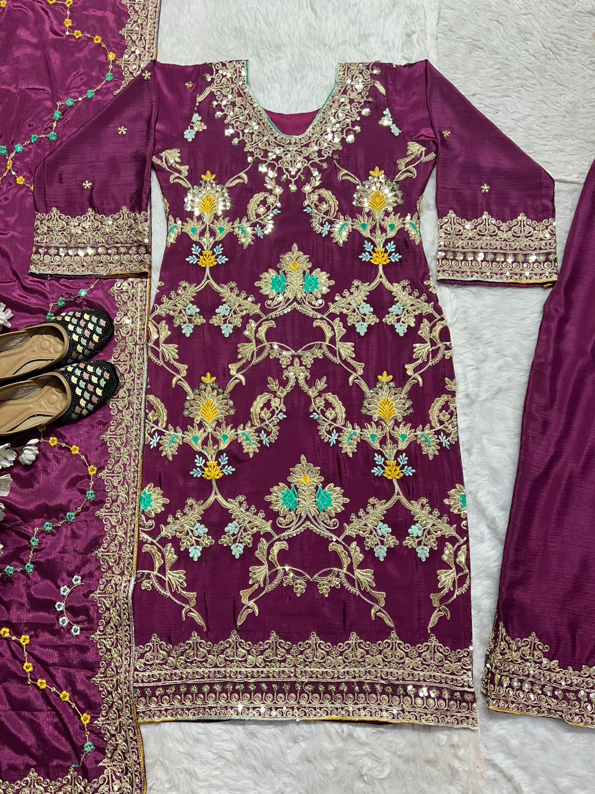Wine Color Pure Chinon Silk With Heavy Embroidery Work Palazzo Suit Set