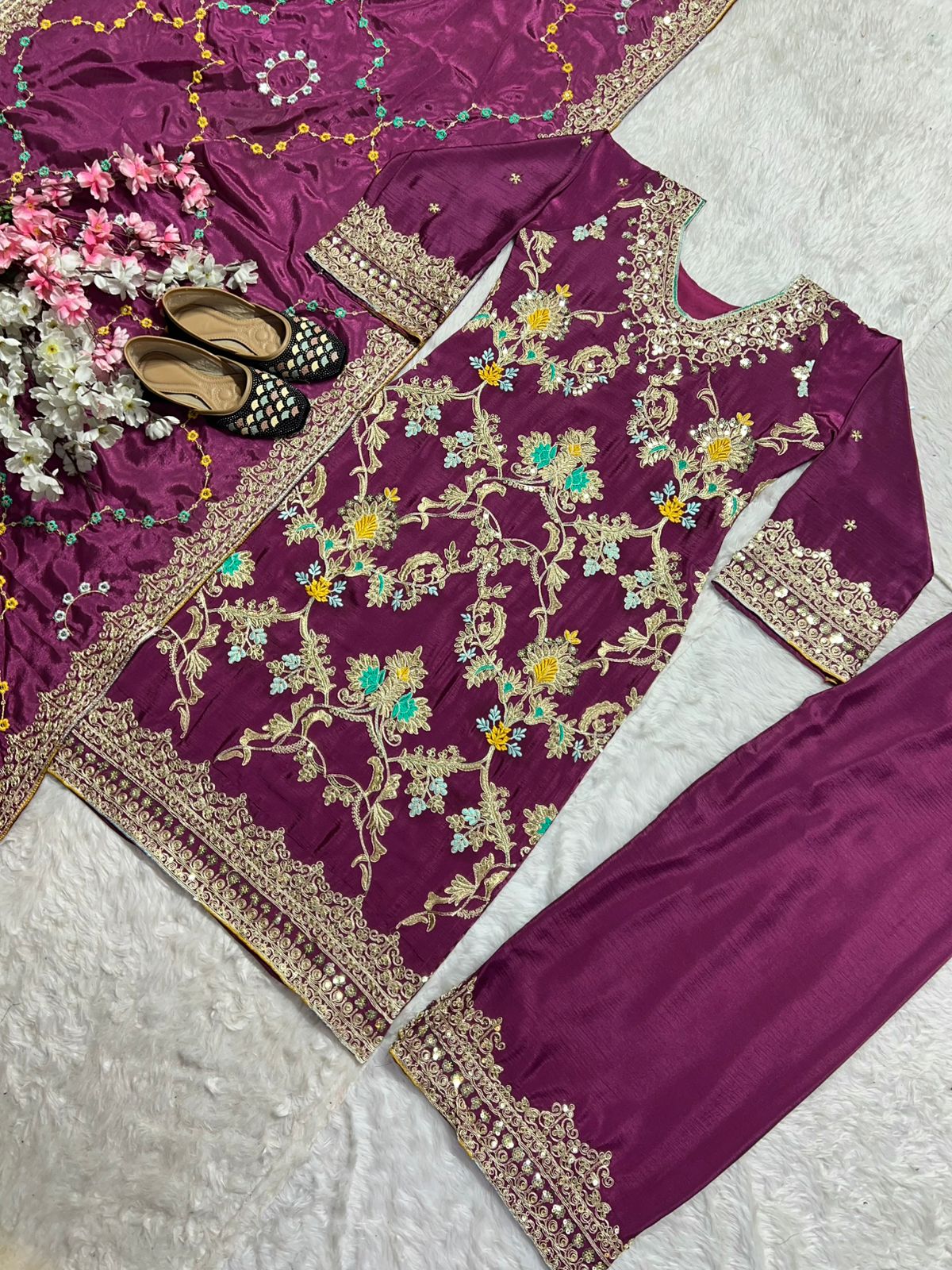 Wine Color Pure Chinon Silk With Heavy Embroidery Work Palazzo Suit Set