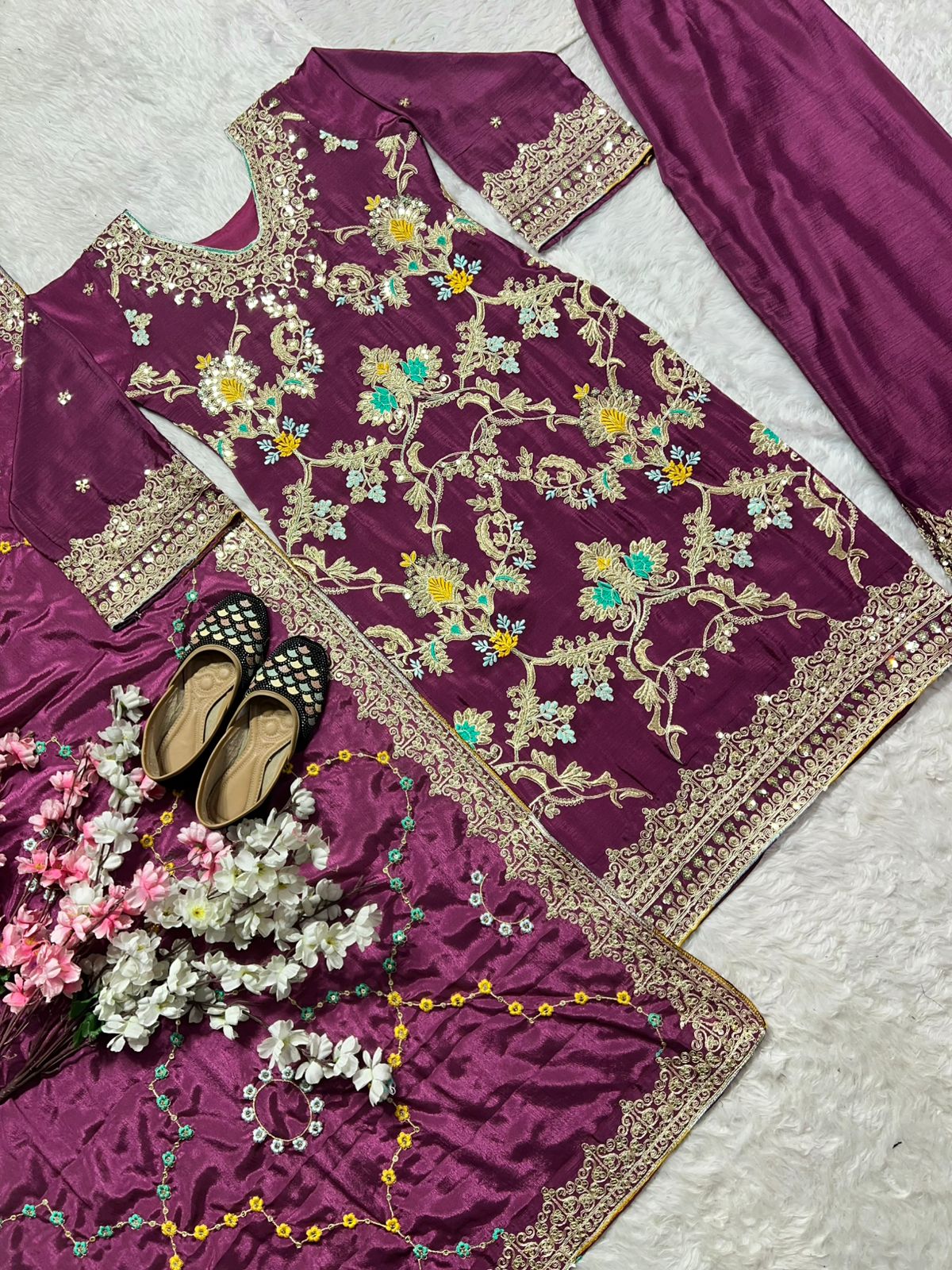 Wine Color Pure Chinon Silk With Heavy Embroidery Work Palazzo Suit Set
