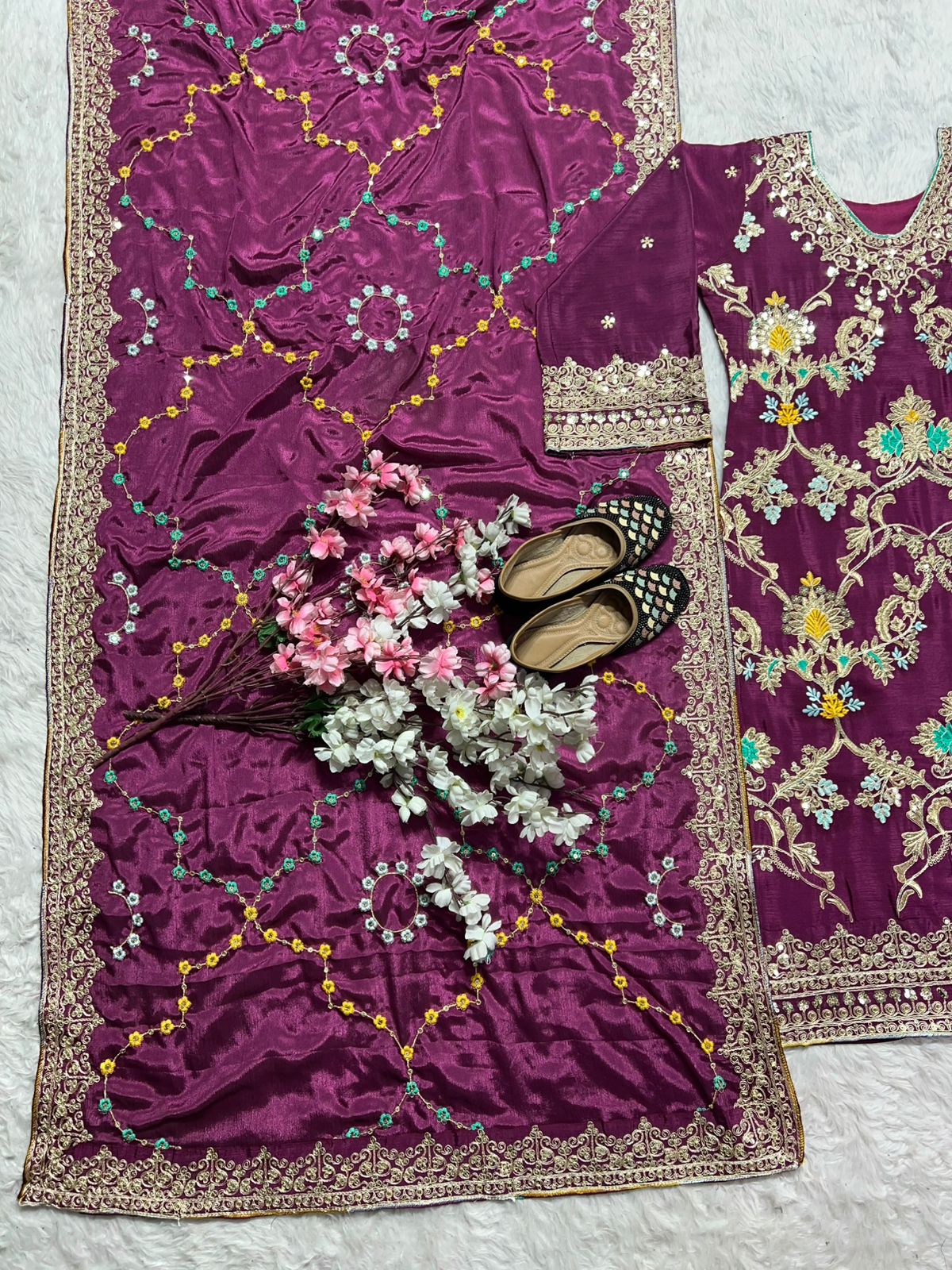 Wine Color Pure Chinon Silk With Heavy Embroidery Work Palazzo Suit Set