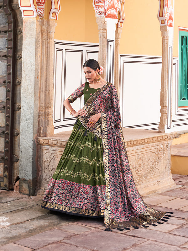 Green Color Dot And Ajrakh With Foil Work Tussar Silk Lehenga Choli
