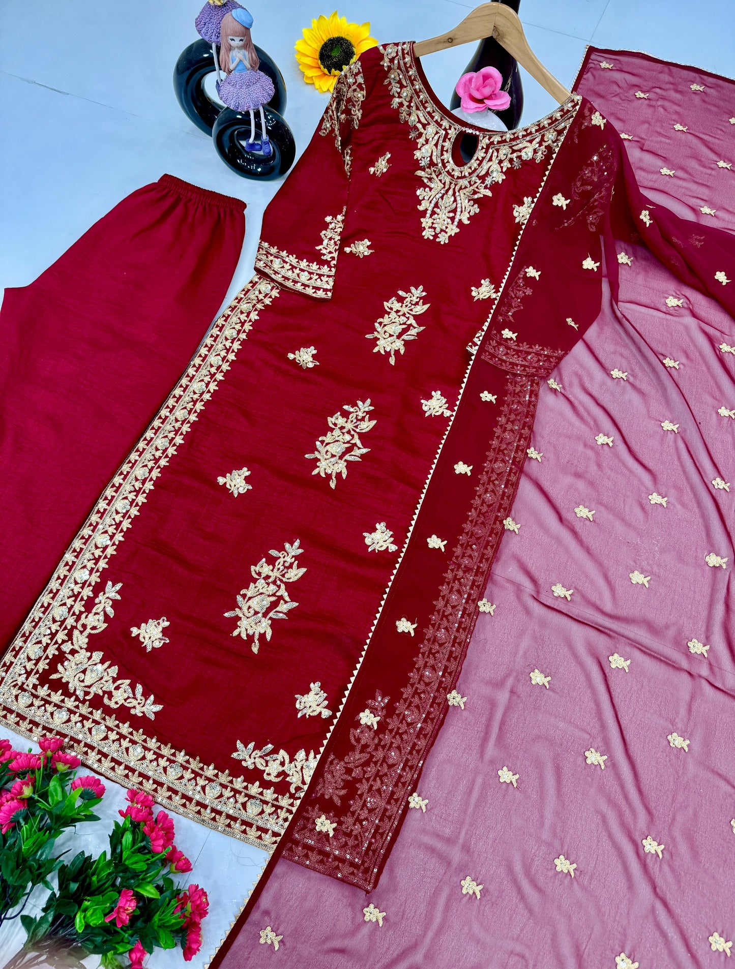 Alluring Maroon Color Heavy Vichitra Silk With Embroidery Sequences Work Designer Palazzo Suit Set