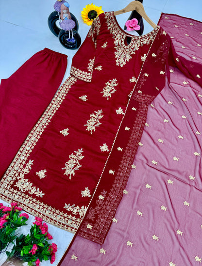 Alluring Maroon Color Heavy Vichitra Silk With Embroidery Sequences Work Designer Palazzo Suit Set