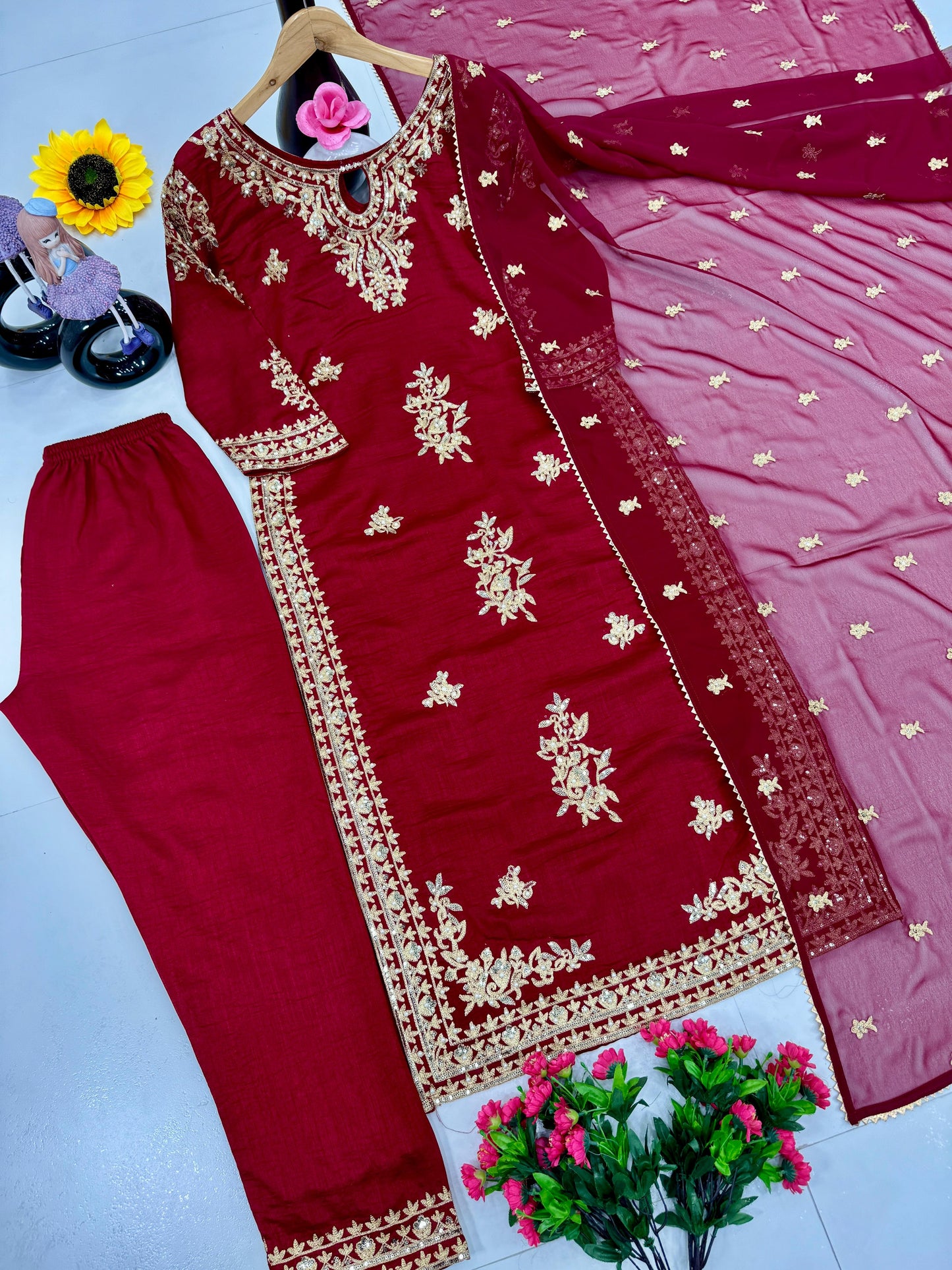 Alluring Maroon Color Heavy Vichitra Silk With Embroidery Sequences Work Designer Palazzo Suit Set