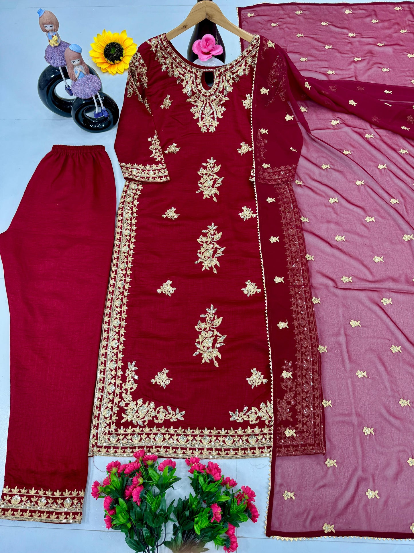 Alluring Maroon Color Heavy Vichitra Silk With Embroidery Sequences Work Designer Palazzo Suit Set
