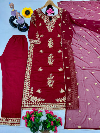 Alluring Maroon Color Heavy Vichitra Silk With Embroidery Sequences Work Designer Palazzo Suit Set
