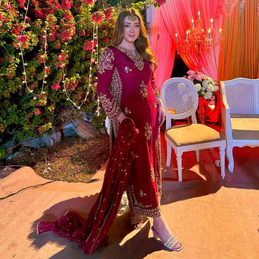 Alluring Maroon Color Heavy Vichitra Silk With Embroidery Sequences Work Designer Palazzo Suit Set