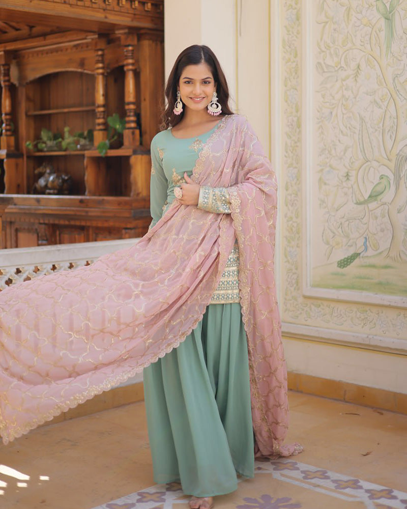 Beautiful Bottle Green Color Georgette Three Piece Palazzo Suit Set
