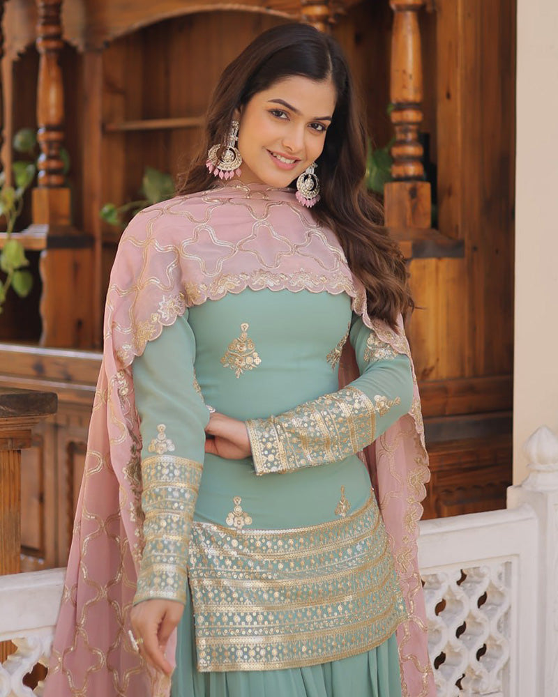 Beautiful Bottle Green Color Georgette Three Piece Palazzo Suit Set