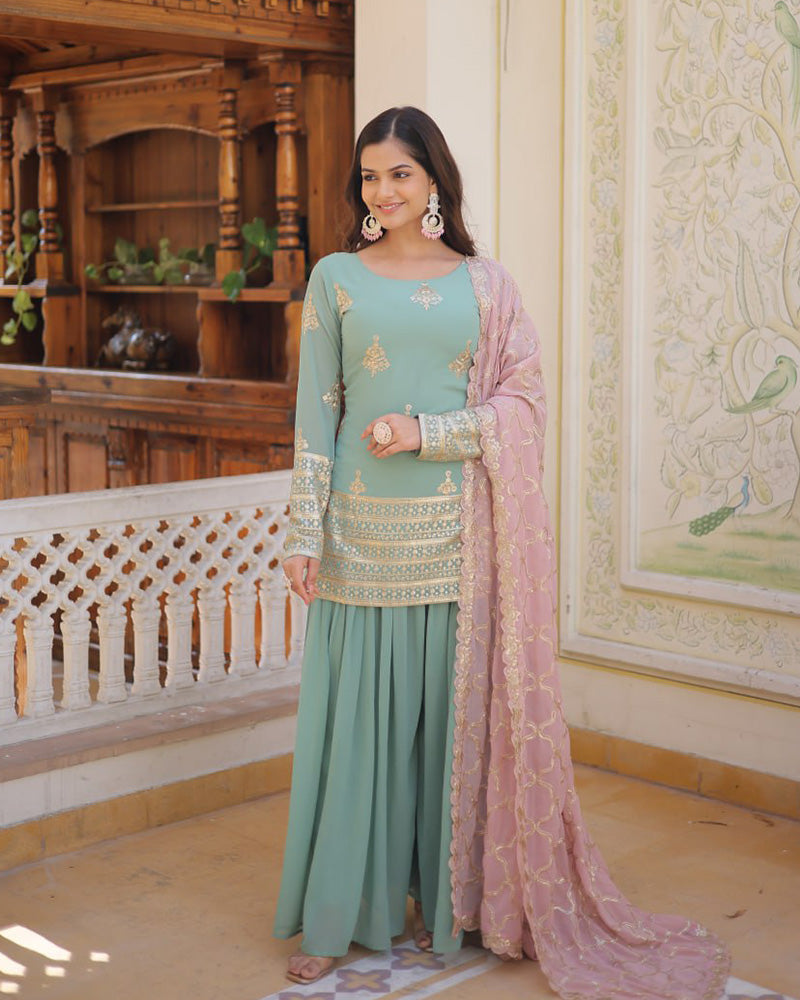 Beautiful Bottle Green Color Georgette Three Piece Palazzo Suit Set