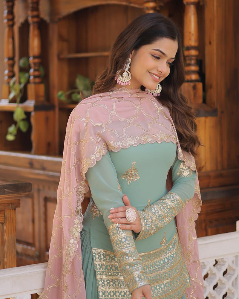 Beautiful Bottle Green Color Georgette Three Piece Palazzo Suit Set