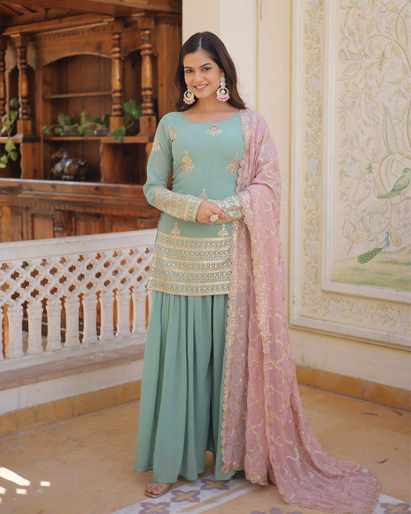 Beautiful Bottle Green Color Georgette Three Piece Palazzo Suit Set