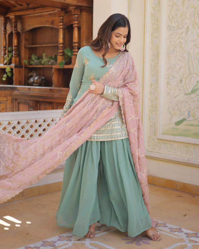 Beautiful Bottle Green Color Georgette Three Piece Palazzo Suit Set