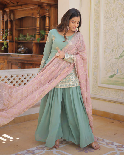 Beautiful Bottle Green Color Georgette Three Piece Palazzo Suit Set