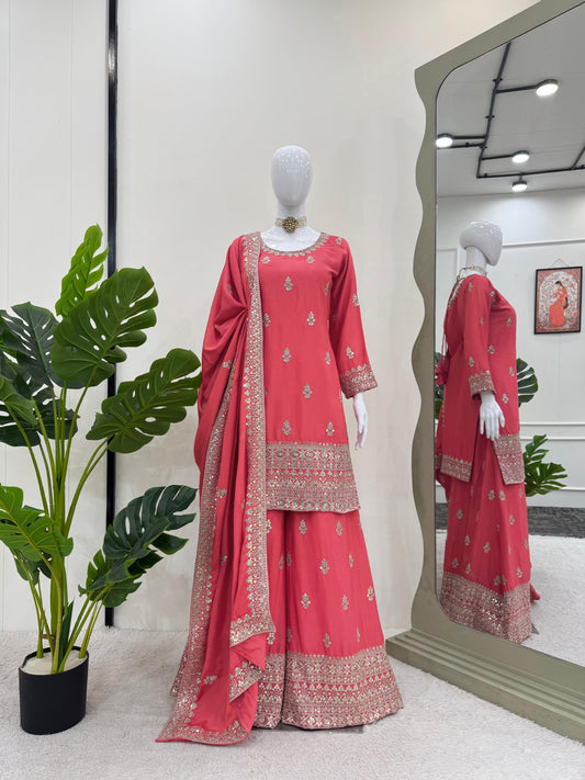 Beautiful Designer Pink Color Chinon Silk And Thread With Sequence Work Palazzo Suit Set