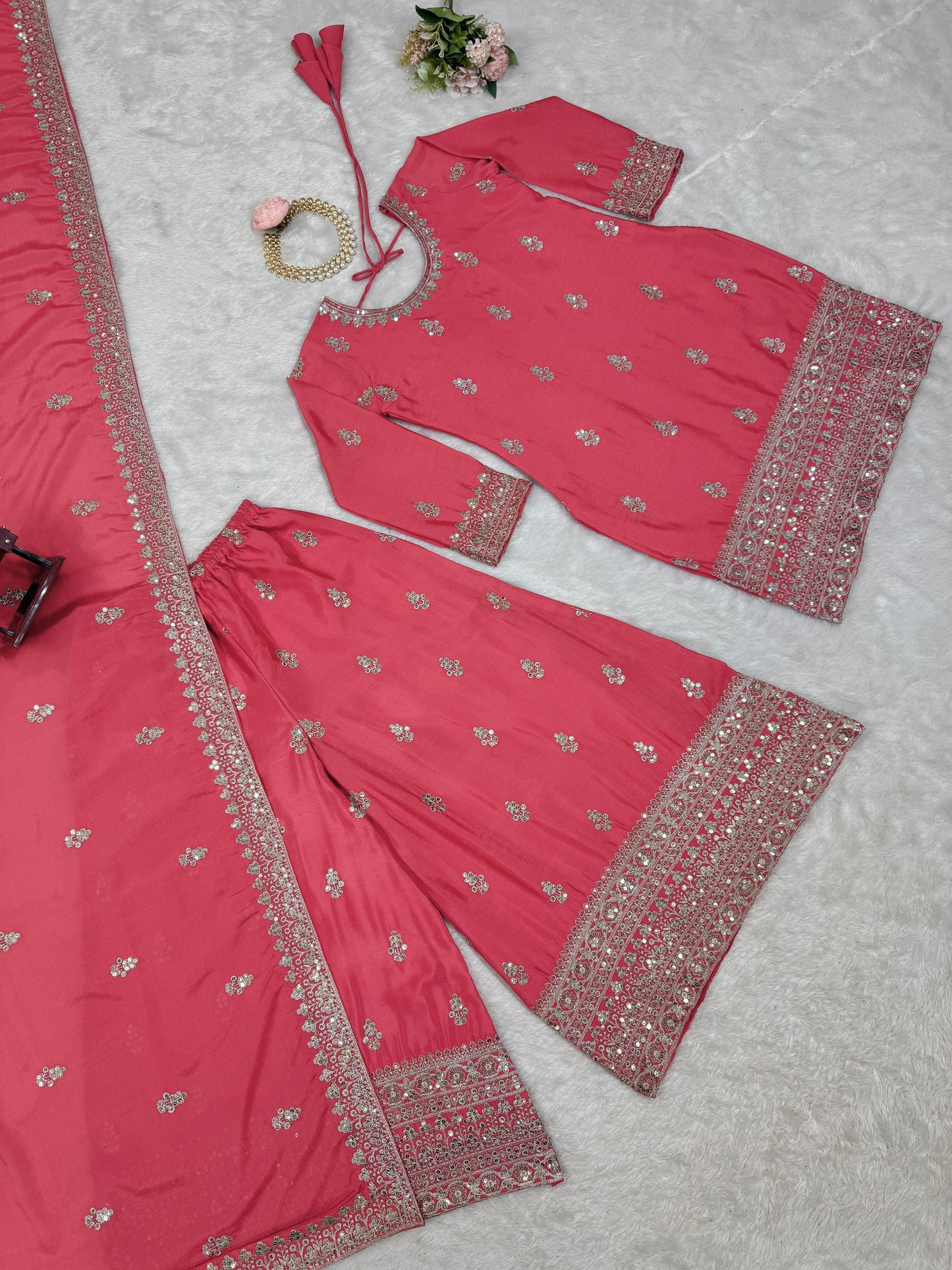 Beautiful Designer Pink Color Chinon Silk And Thread With Sequence Work Palazzo Suit Set