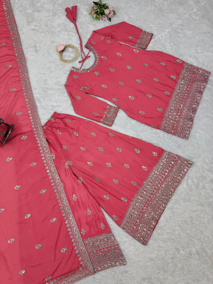 Beautiful Designer Pink Color Chinon Silk And Thread With Sequence Work Palazzo Suit Set
