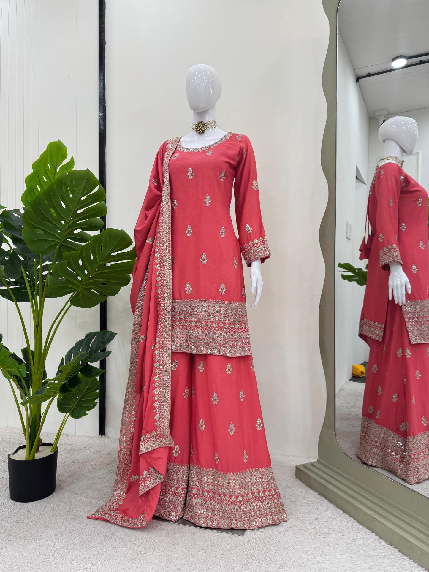 Beautiful Designer Pink Color Chinon Silk And Thread With Sequence Work Palazzo Suit Set