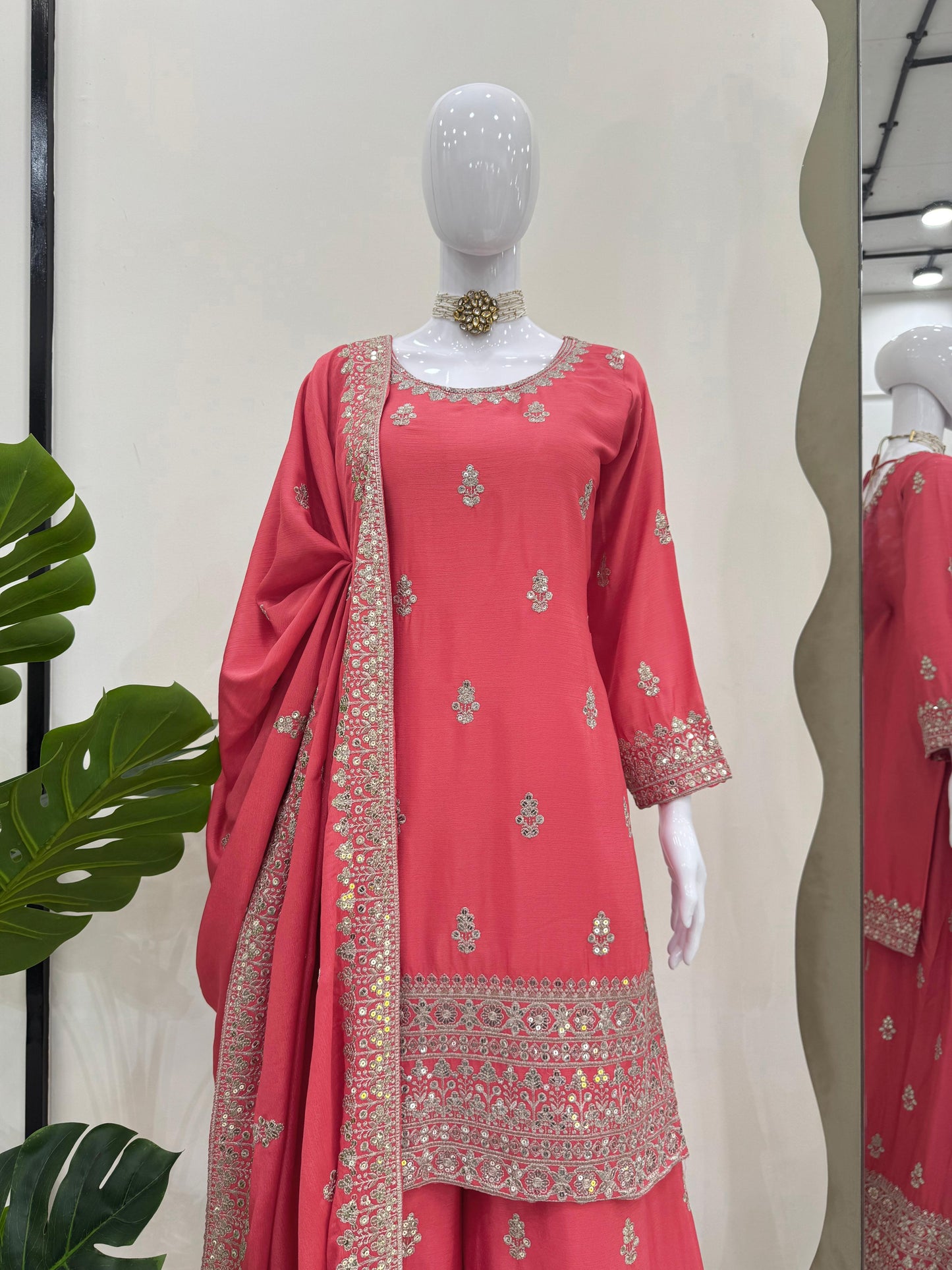 Beautiful Designer Pink Color Chinon Silk And Thread With Sequence Work Palazzo Suit Set