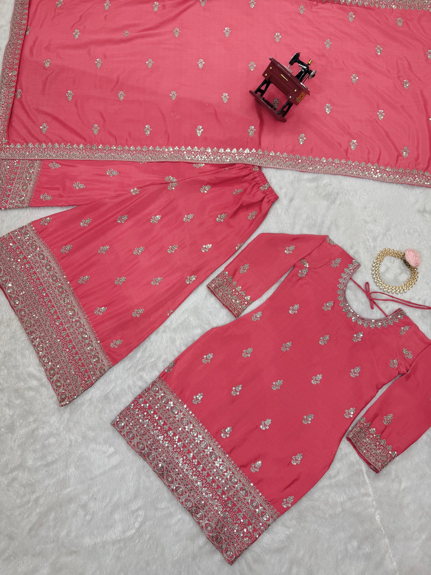 Beautiful Designer Pink Color Chinon Silk And Thread With Sequence Work Palazzo Suit Set