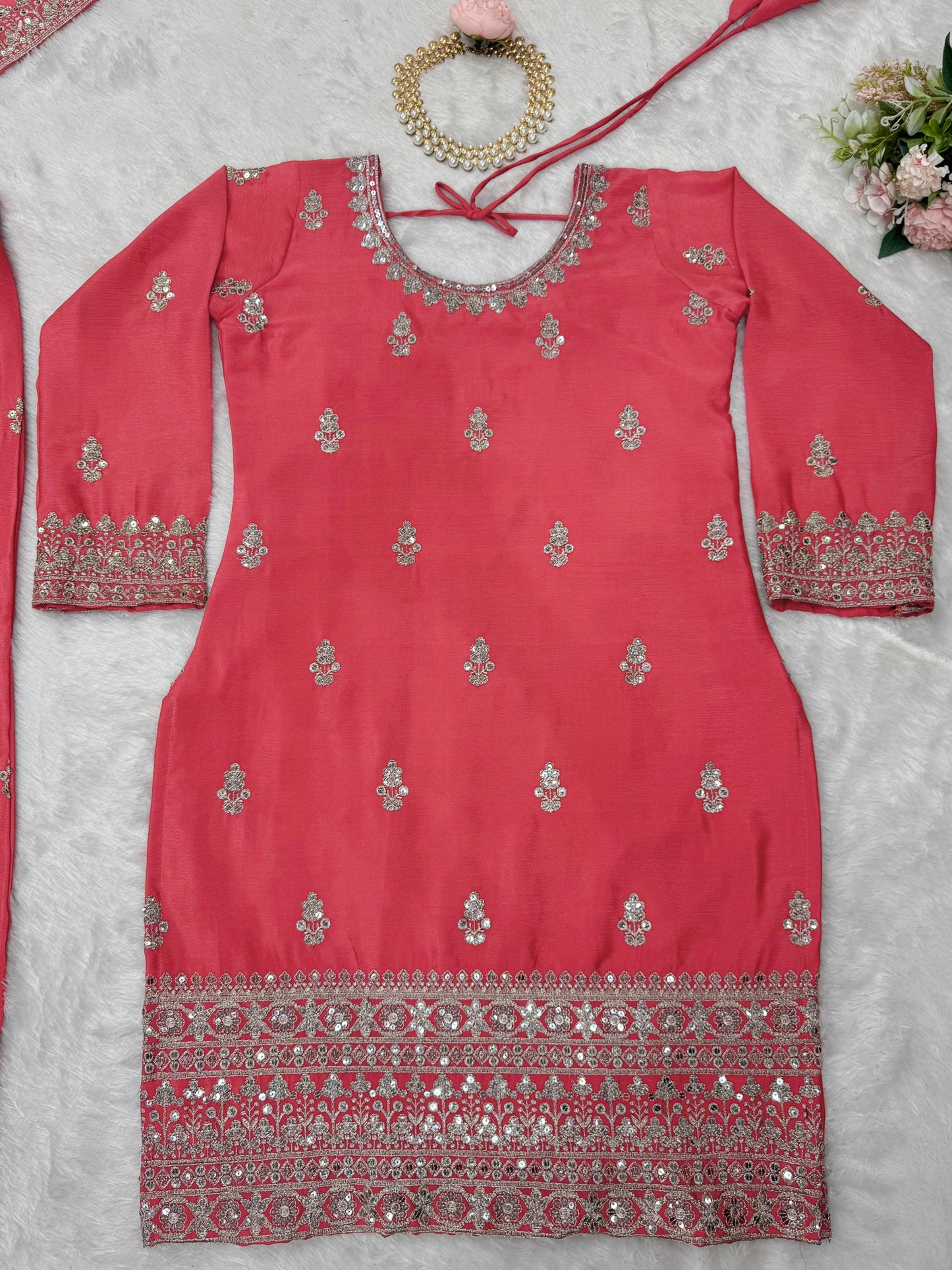 Beautiful Designer Pink Color Chinon Silk And Thread With Sequence Work Palazzo Suit Set