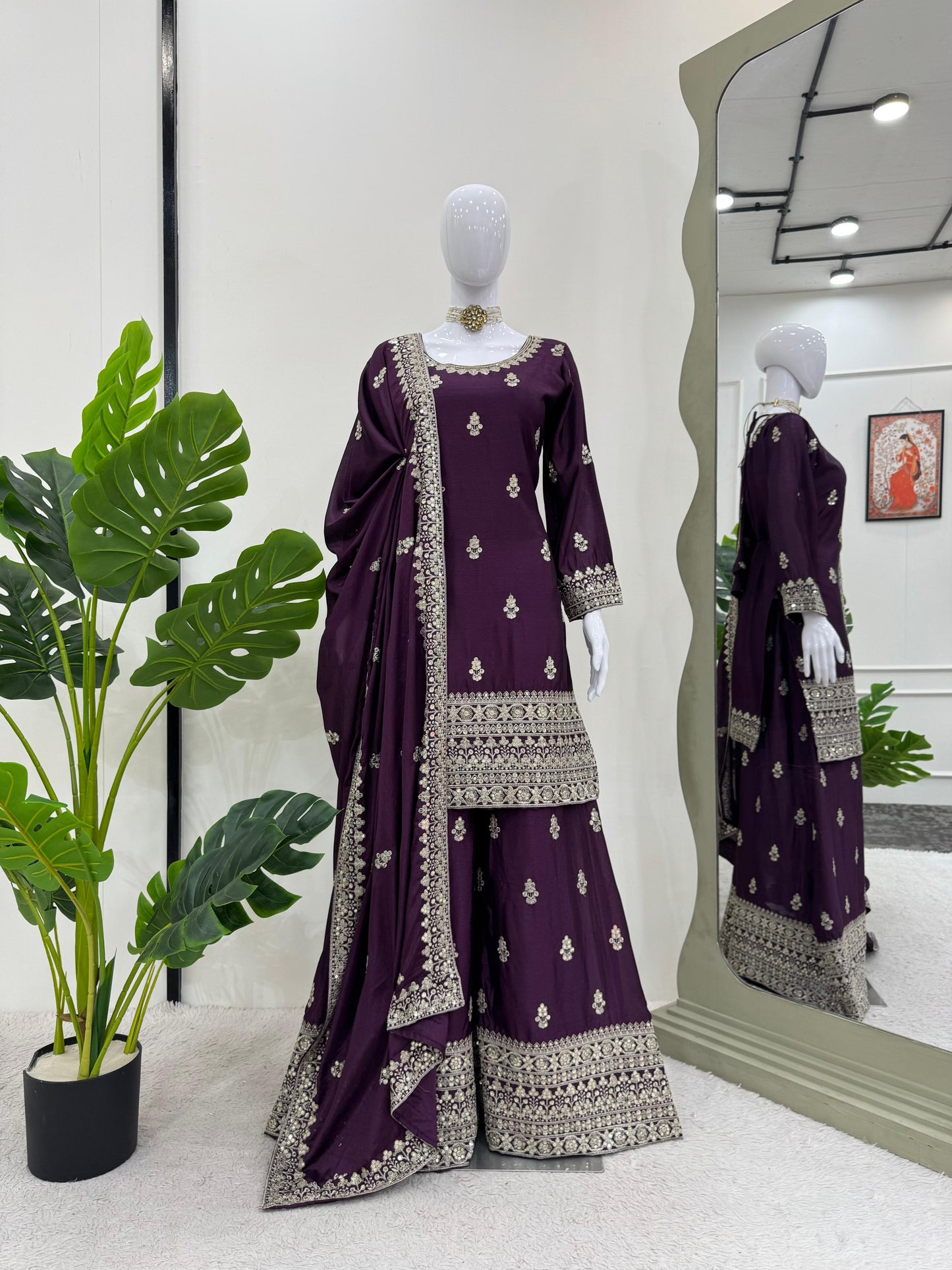 Beautiful Designer Purple Color Chinon Silk And Thread With Sequence Work Palazzo Suit set