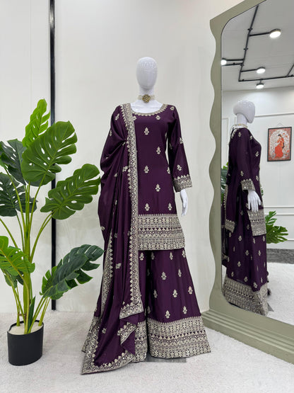 Beautiful Designer Purple Color Chinon Silk And Thread With Sequence Work Palazzo Suit set