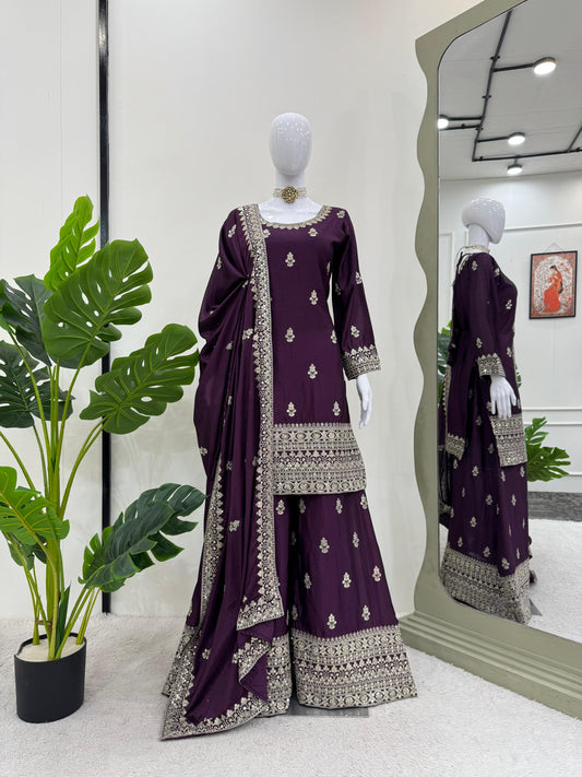 Beautiful Designer Purple Color Chinon Silk And Thread With Sequence Work Palazzo Suit set