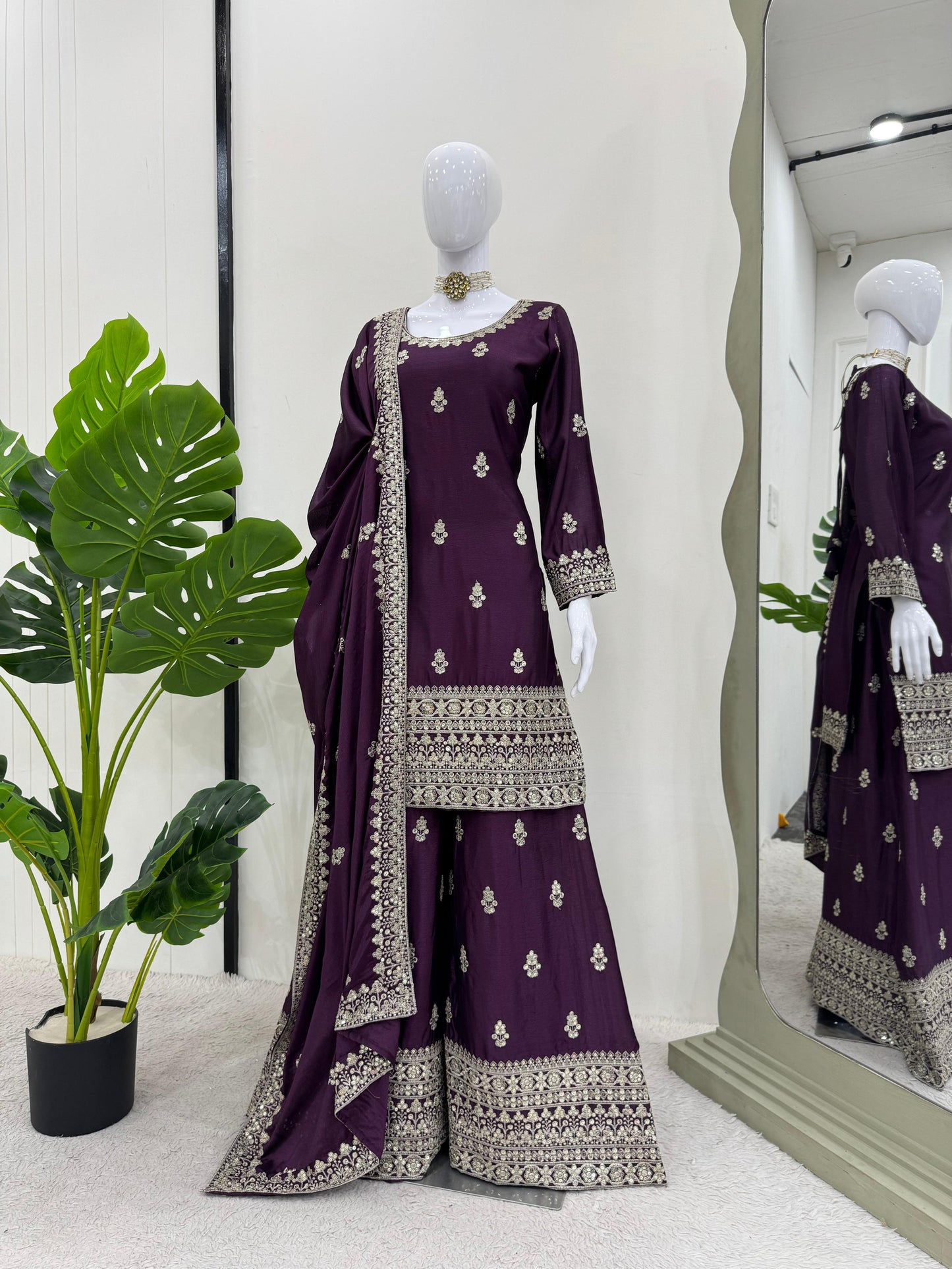 Beautiful Designer Purple Color Chinon Silk And Thread With Sequence Work Palazzo Suit set