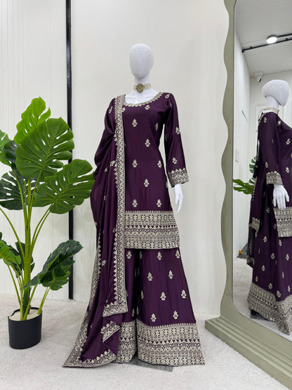 Beautiful Designer Purple Color Chinon Silk And Thread With Sequence Work Palazzo Suit set