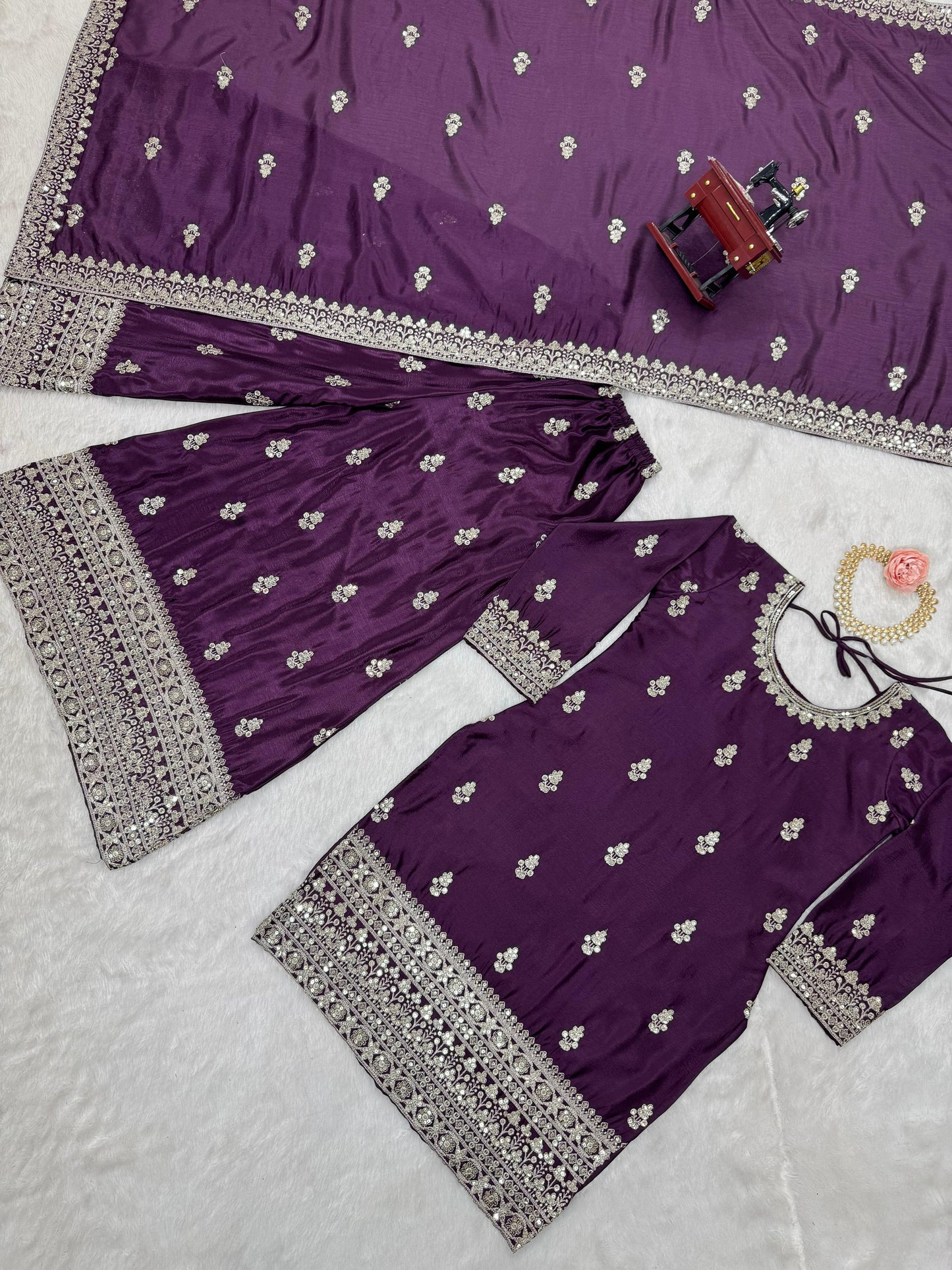 Beautiful Designer Purple Color Chinon Silk And Thread With Sequence Work Palazzo Suit set