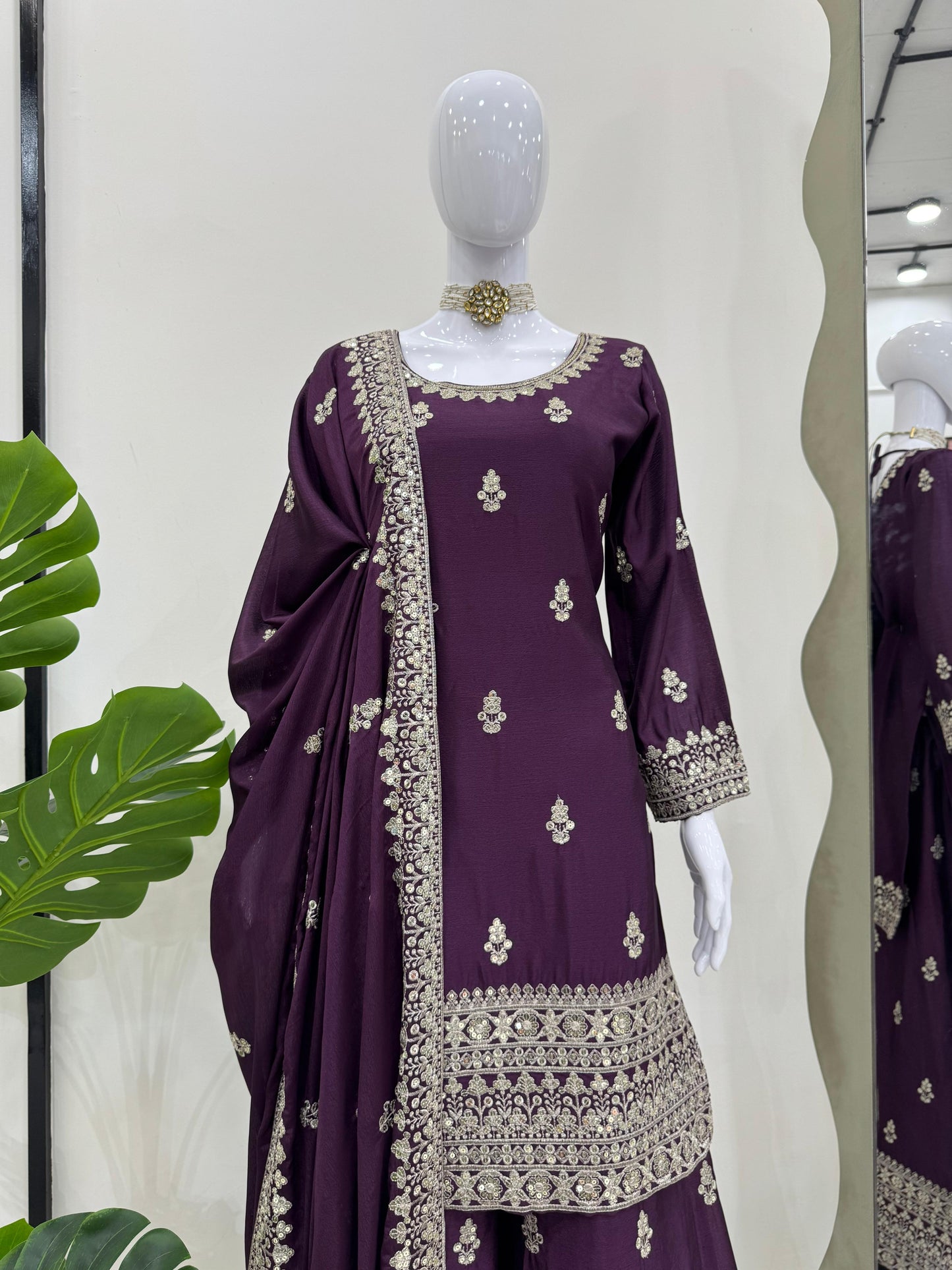 Beautiful Designer Purple Color Chinon Silk And Thread With Sequence Work Palazzo Suit set