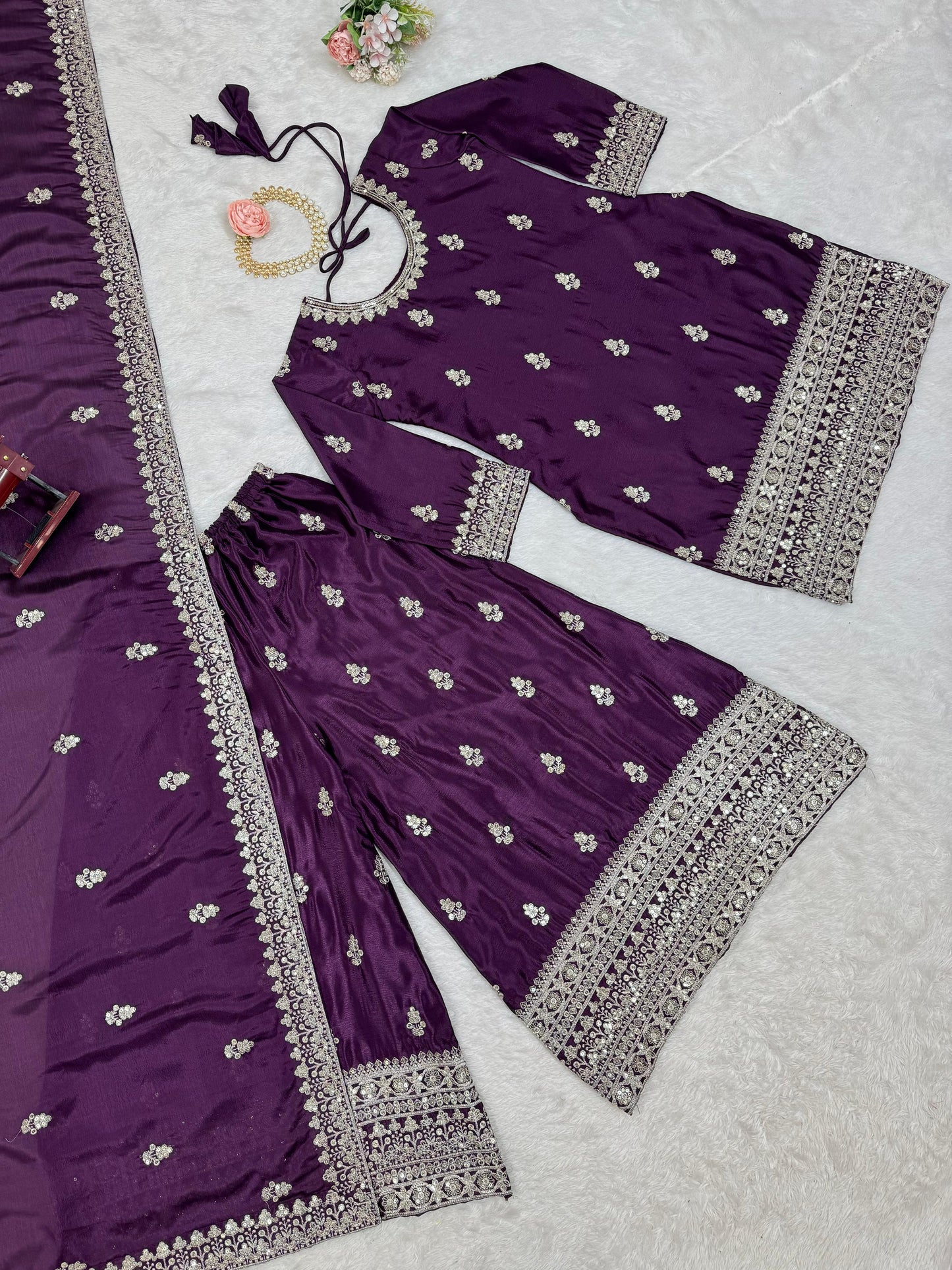 Beautiful Designer Purple Color Chinon Silk And Thread With Sequence Work Palazzo Suit set