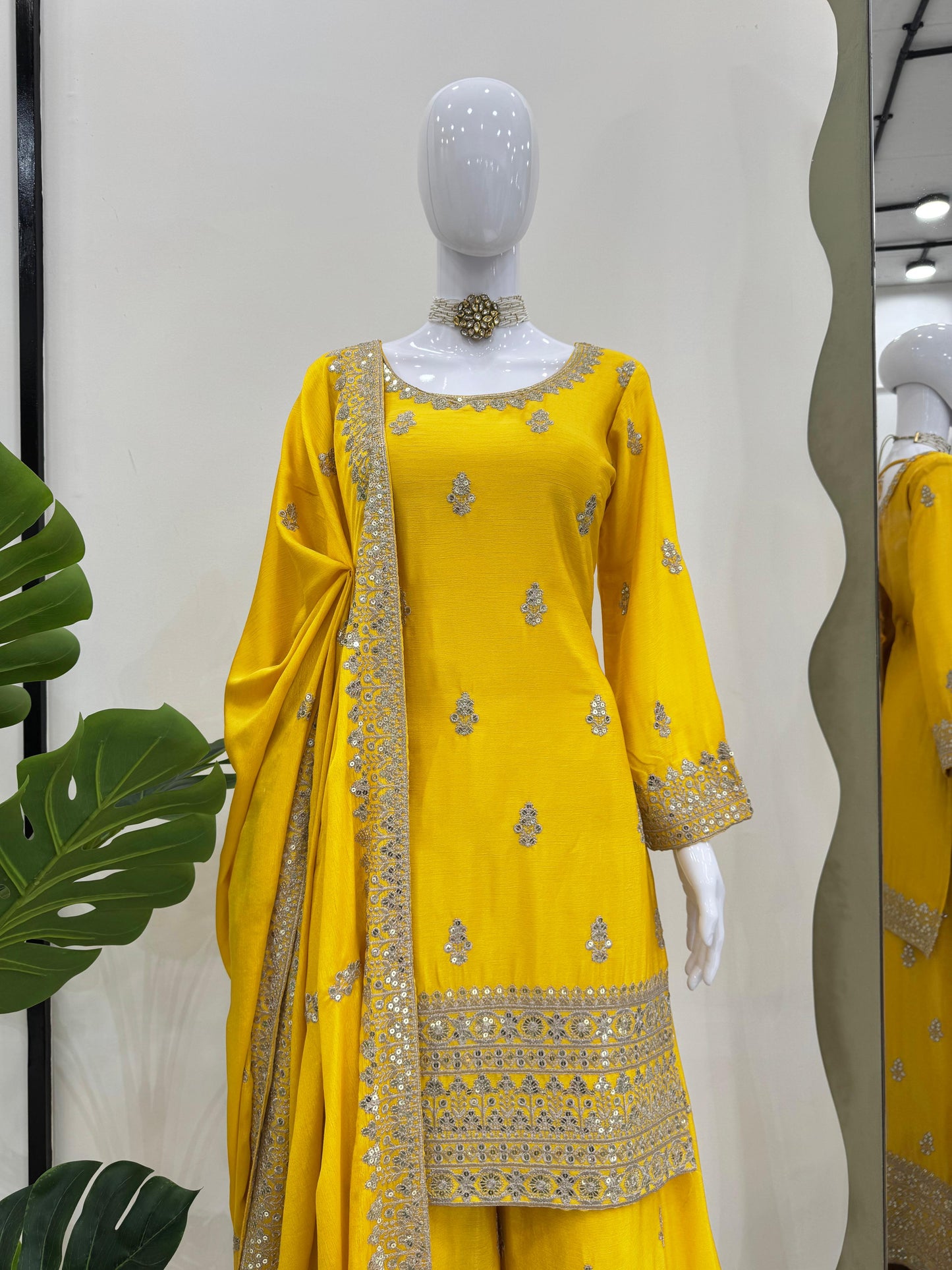 Beautiful Designer Yellow Color Chinon Silk And Thread With Sequence Work Palazzo Suit