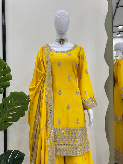 Beautiful Designer Yellow Color Chinon Silk And Thread With Sequence Work Palazzo Suit