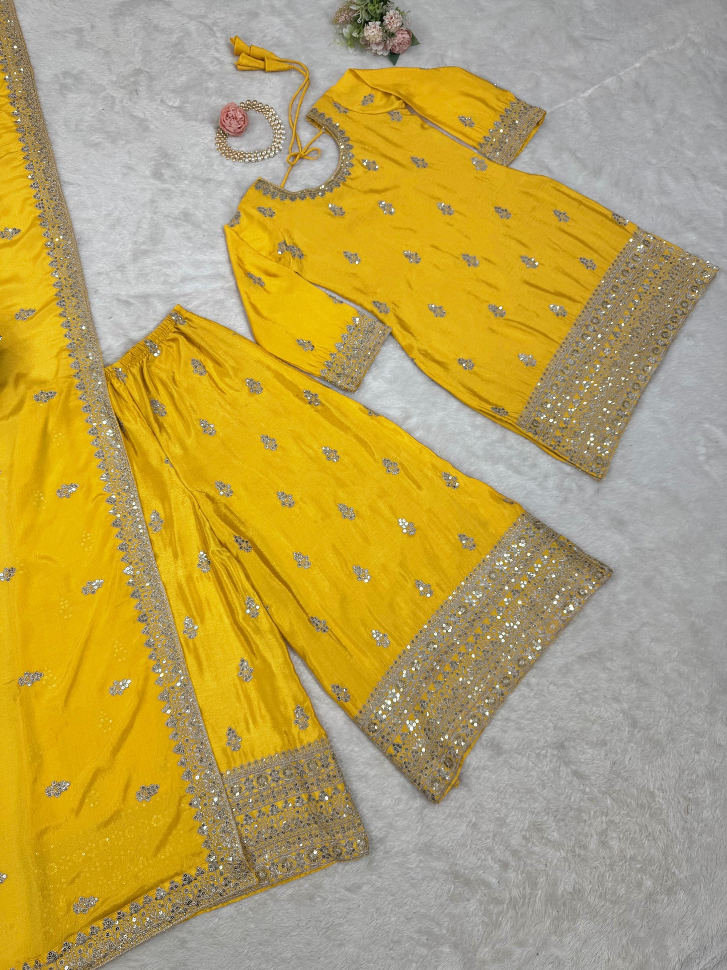 Beautiful Designer Yellow Color Chinon Silk And Thread With Sequence Work Palazzo Suit