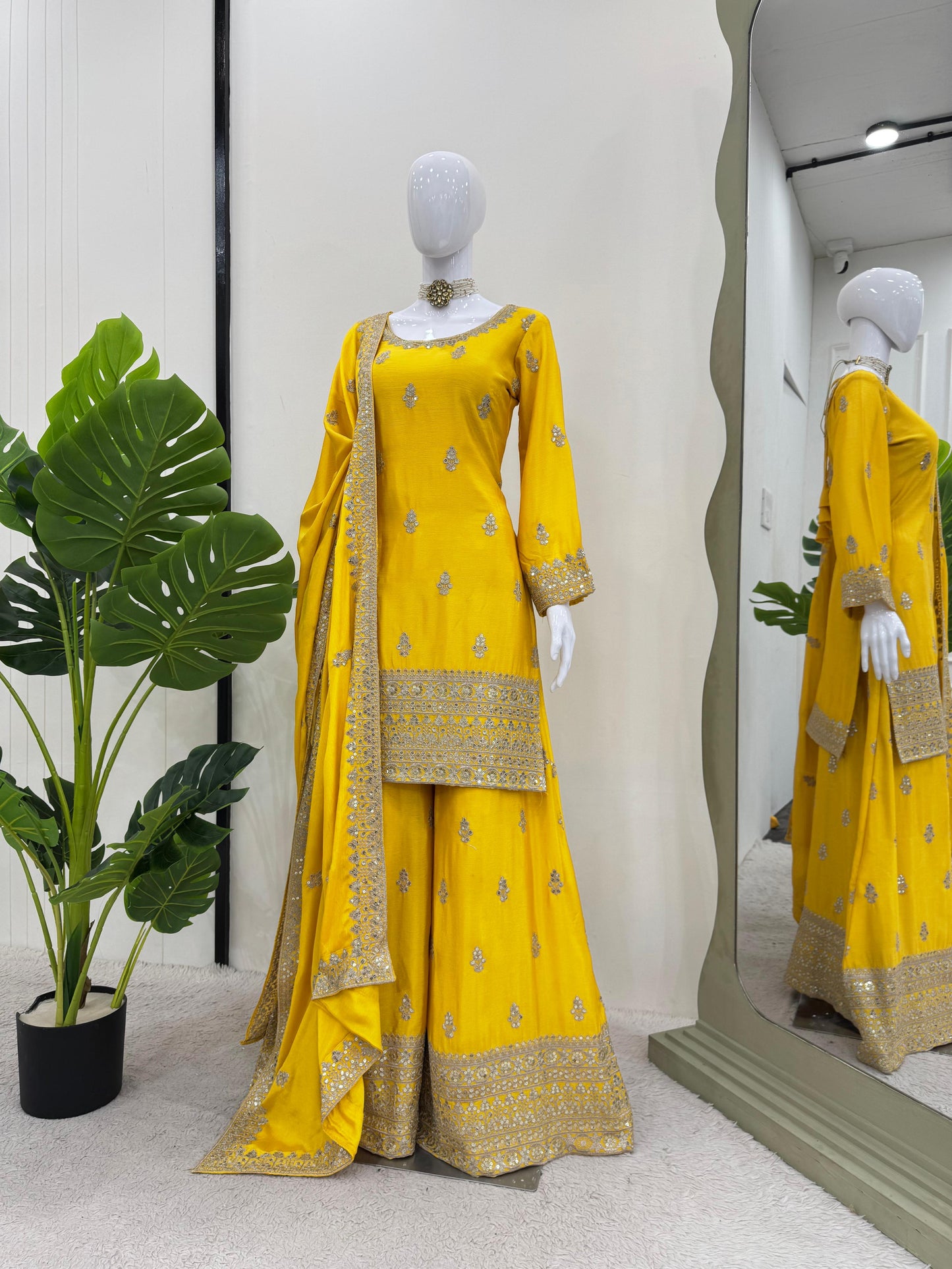 Beautiful Designer Yellow Color Chinon Silk And Thread With Sequence Work Palazzo Suit