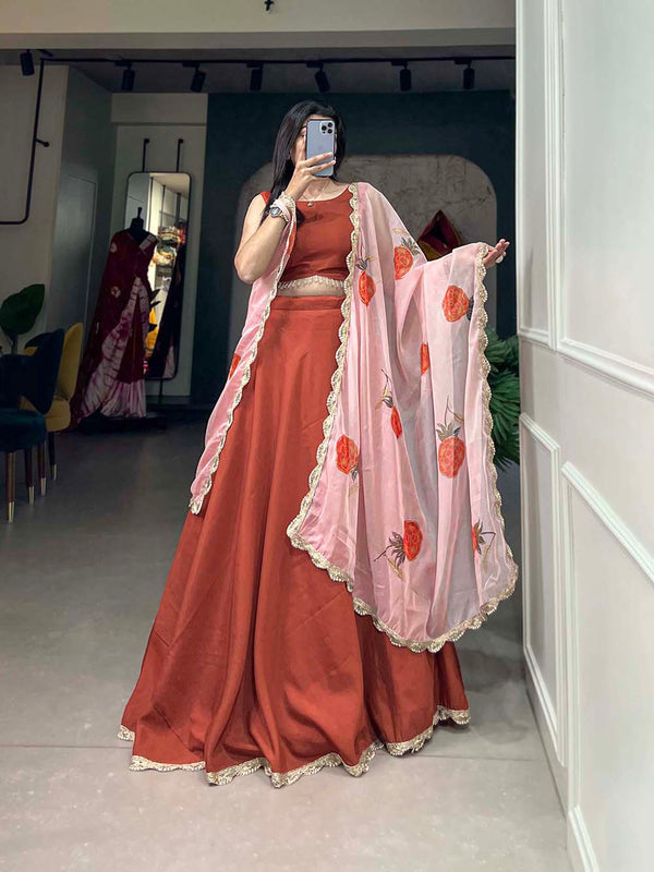 Burnt Color Plain Polyester Viscose Chanderi Lehenga Choli