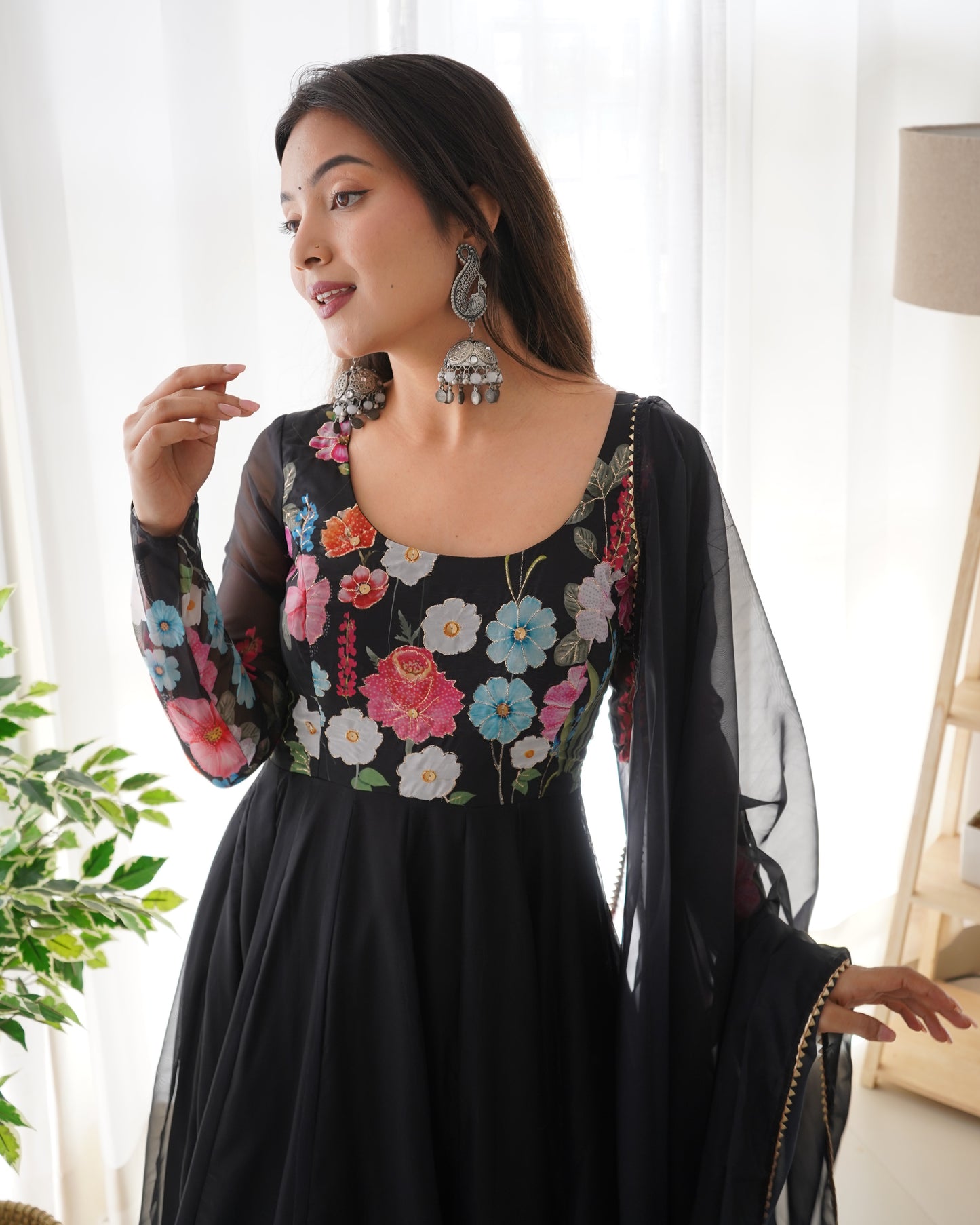 Black Floral Print Organza Three Piece Anarkali Suit