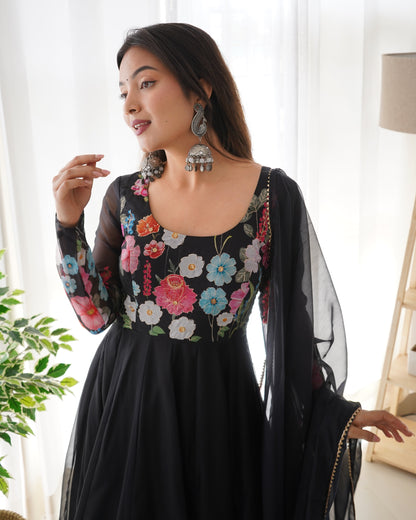 Black Floral Print Organza Three Piece Anarkali Suit