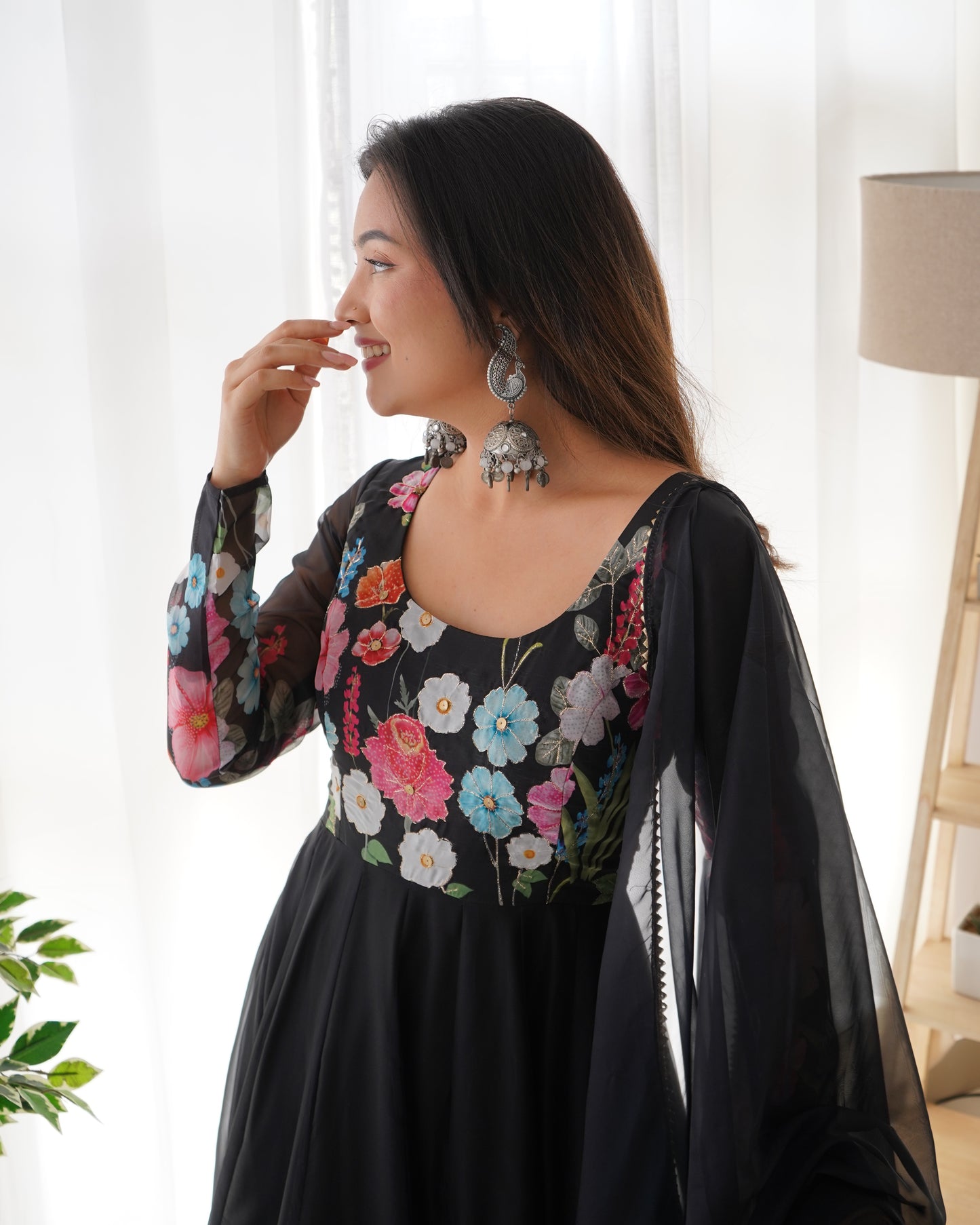 Black Floral Print Organza Three Piece Anarkali Suit
