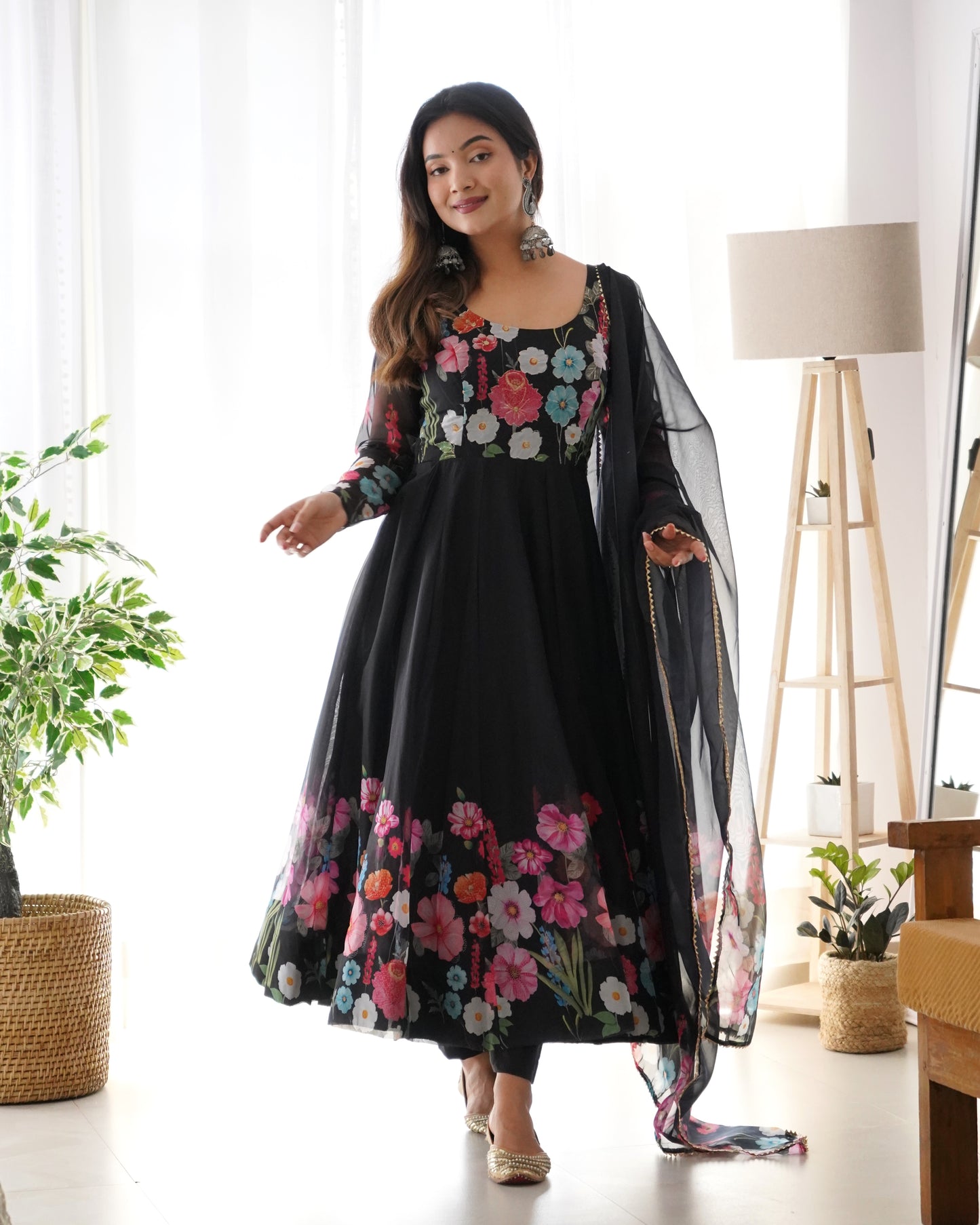 Black Floral Print Organza Three Piece Anarkali Suit