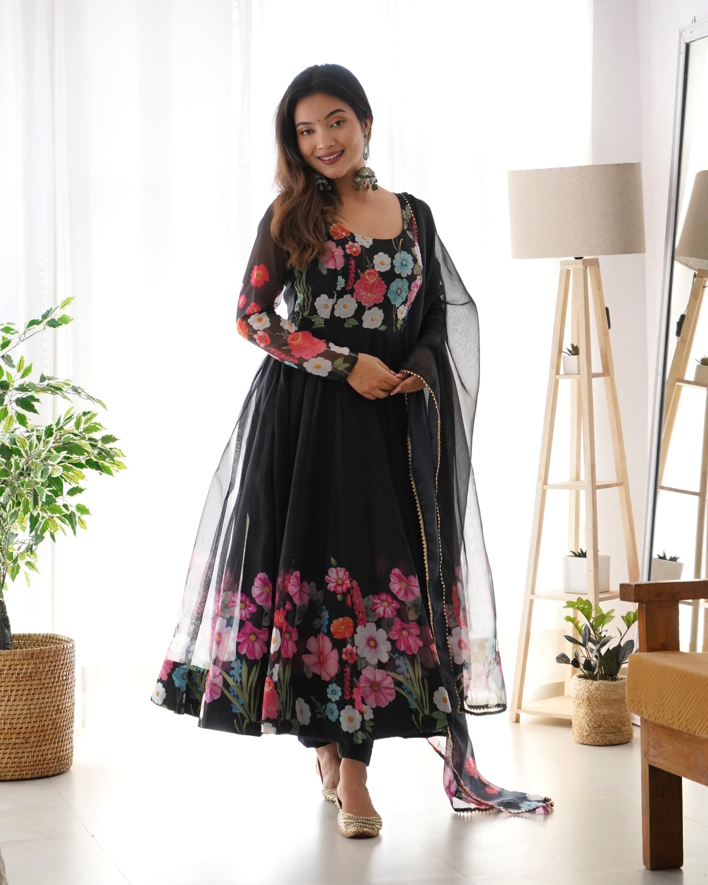 Black Floral Print Organza Three Piece Anarkali Suit