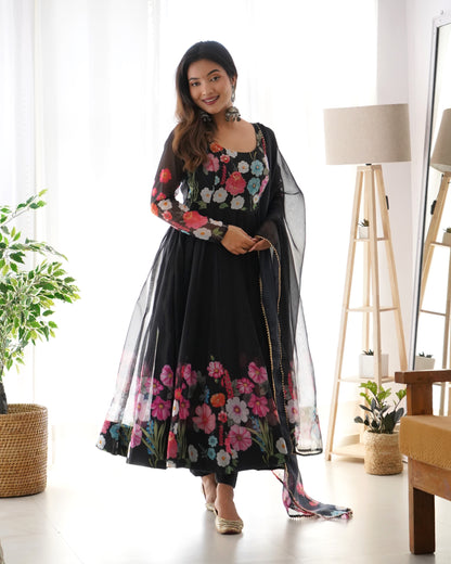 Black Floral Print Organza Three Piece Anarkali Suit
