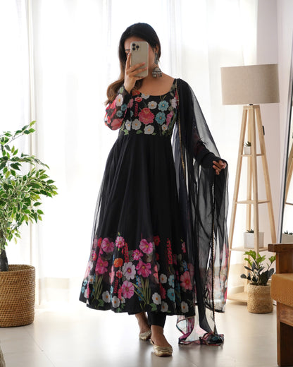Black Floral Print Organza Three Piece Anarkali Suit