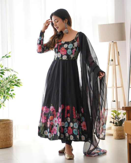 Black Floral Print Organza Three Piece Anarkali Suit